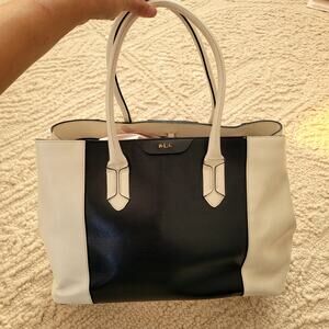 LAUREN Ralph Lauren Black and White Leather Tate City Bag